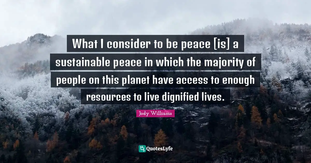 Jody Williams Quotes: "What I consider to be peace [is] a sustainable peace in which the majority of people on this planet have access to enough resources to live dignified lives."