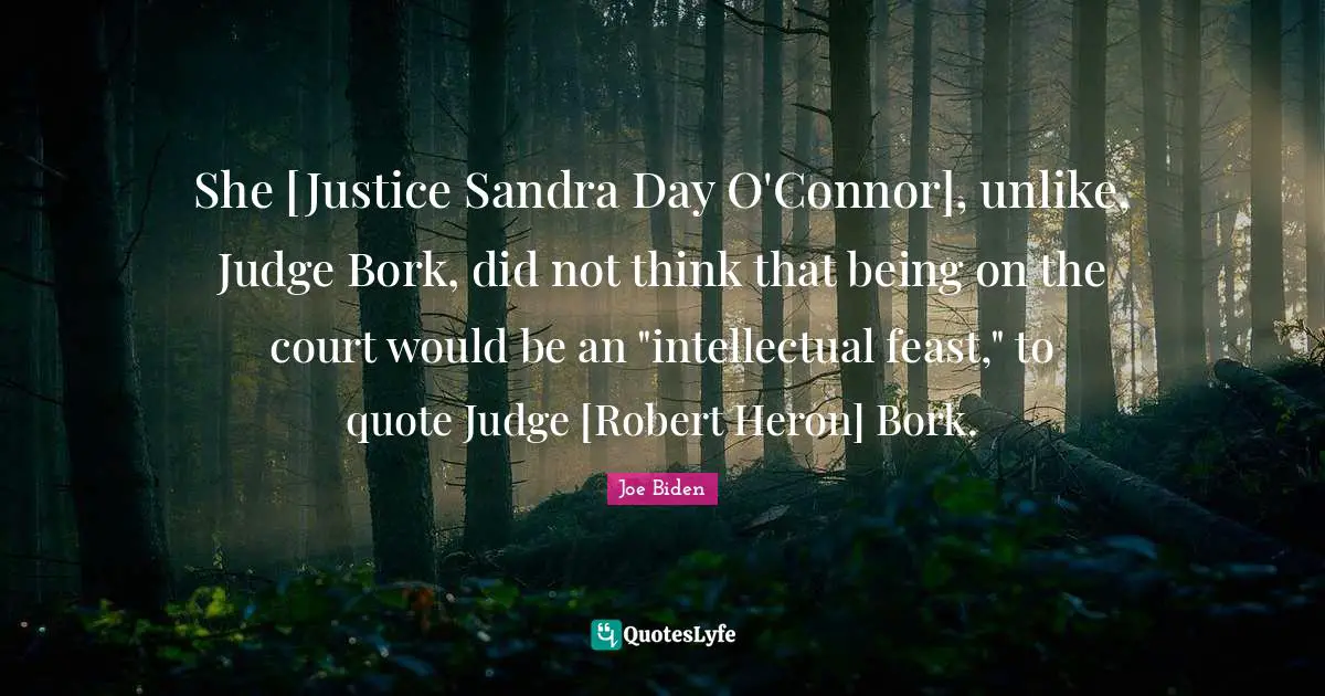 She [Justice Sandra Day O'Connor], unlike, Judge Bork, did not think that being on the court would be an "intellectual feast," to quote Judge [Robert Heron] Bork.