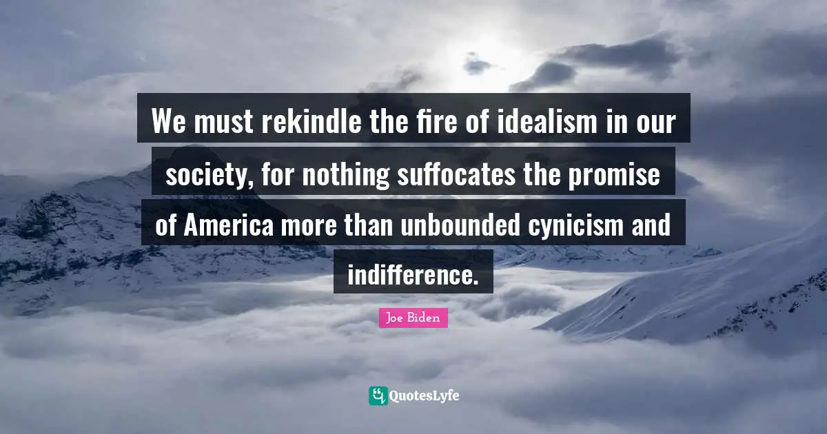 Our Society Quotes: "We must rekindle the fire of idealism in our society, for nothing suffocates the promise of America more than unbounded cynicism and indifference."