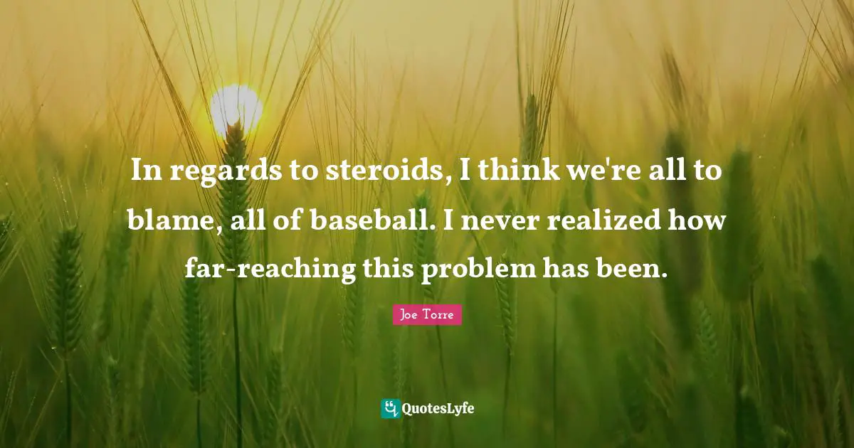 In regards to steroids, I think we're all to blame, all of baseball. I never realized how far-reaching this problem has been.