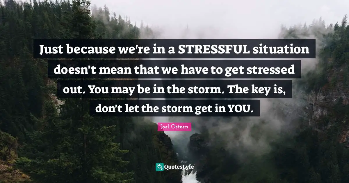 Joel Osteen Quotes: "Just because we're in a STRESSFUL situation doesn't mean that we have to get stressed out. You may be in the storm. The key is, don't let the storm get in YOU."