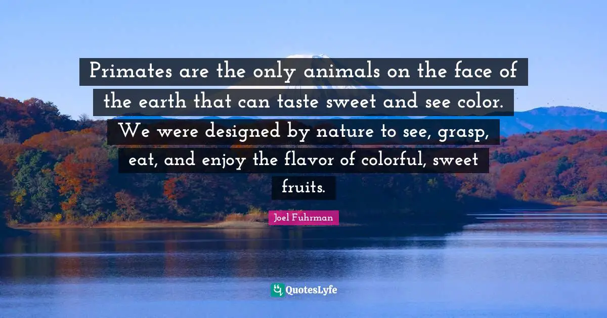 Flavor Quotes: "Primates are the only animals on the face of the earth that can taste sweet and see color. We were designed by nature to see, grasp, eat, and enjoy the flavor of colorful, sweet fruits."
