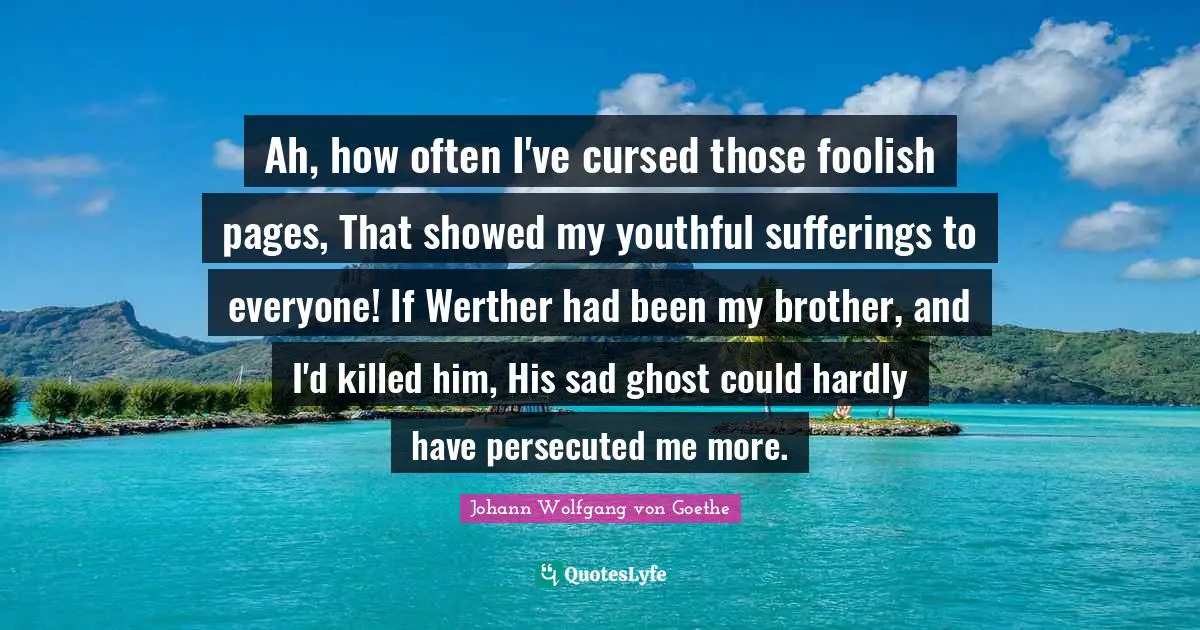 Ah, how often I've cursed those foolish pages, That showed my youthful sufferings to everyone! If Werther had been my brother, and I'd killed him, His sad ghost could hardly have persecuted me more.