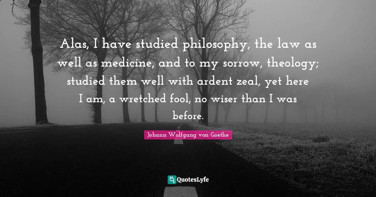 Alas, I have studied philosophy, the law as well as medicine, and to my sorrow, theology; studied them well with ardent zeal, yet here I am, a wretched fool, no wiser than I was before.