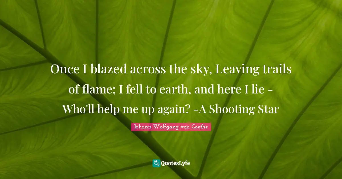 Once I blazed across the sky, Leaving trails of flame; I fell to earth, and here I lie - Who'll help me up again? -A Shooting Star