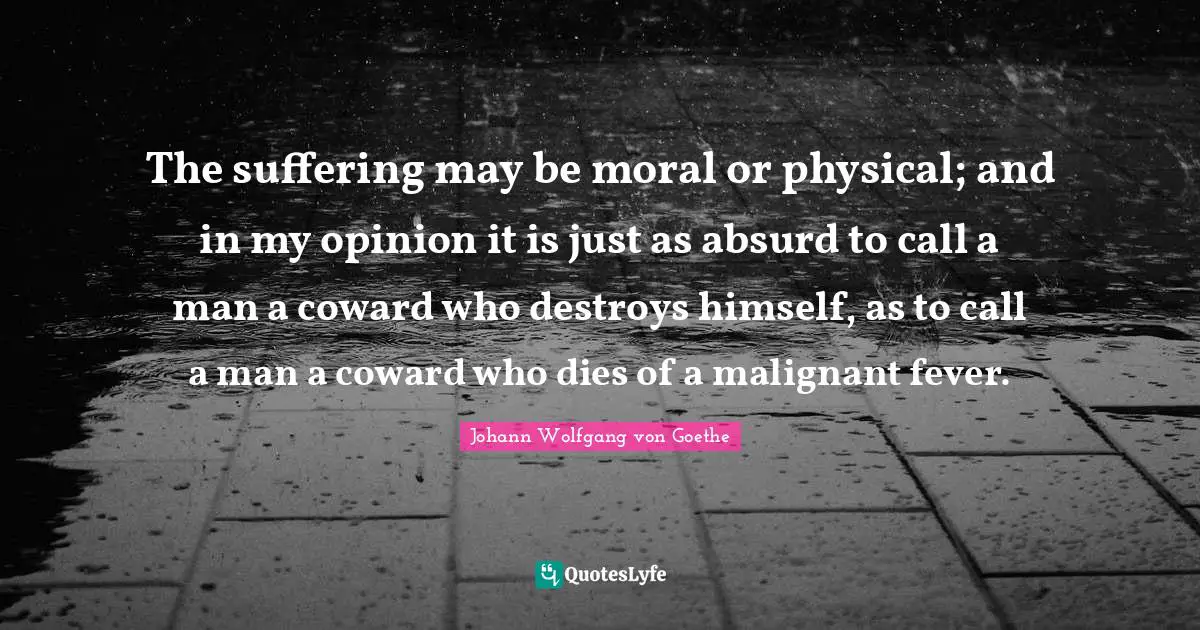 The suffering may be moral or physical; and in my opinion it is just as absurd to call a man a coward who destroys himself, as to call a man a coward who dies of a malignant fever.
