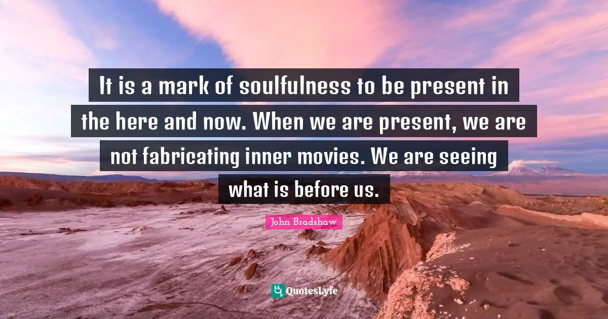 John Bradshaw Quotes: "It is a mark of soulfulness to be present in the here and now. When we are present, we are not fabricating inner movies. We are seeing what is before us."