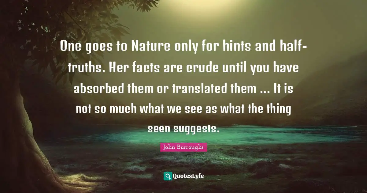 One goes to Nature only for hints and half-truths. Her facts are crude until you have absorbed them or translated them ... It is not so much what we see as what the thing seen suggests.