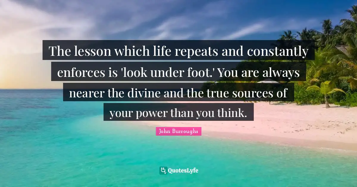 John Burroughs Quotes: "The lesson which life repeats and constantly enforces is 'look under foot.' You are always nearer the divine and the true sources of your power than you think."