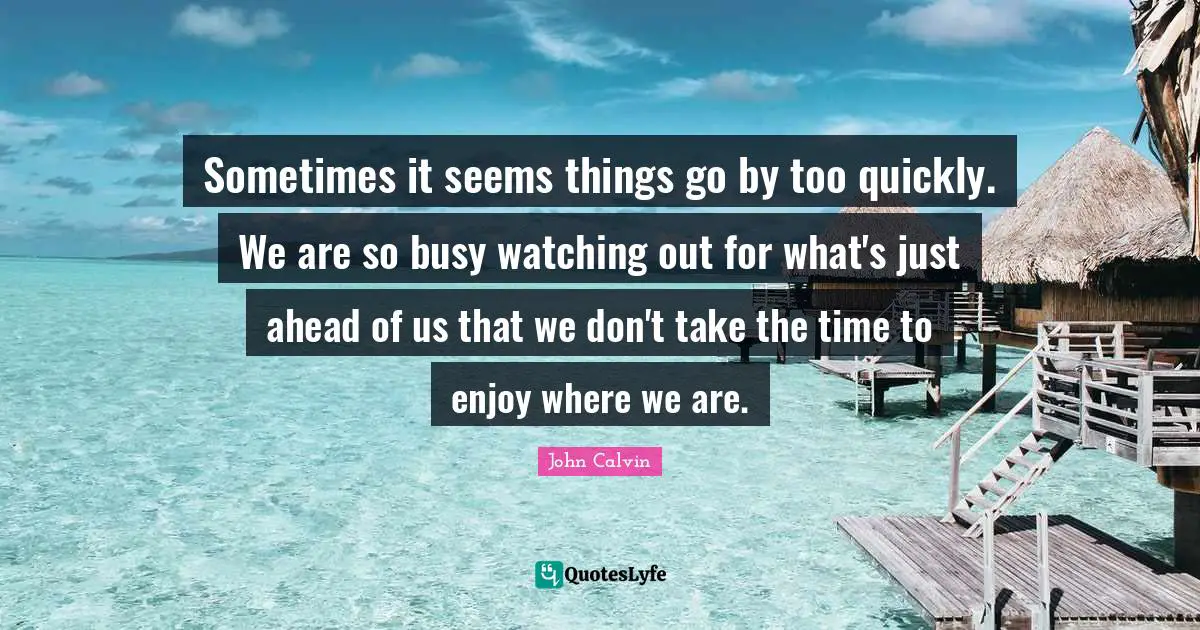 John Calvin Quotes: "Sometimes it seems things go by too quickly. We are so busy watching out for what's just ahead of us that we don't take the time to enjoy where we are."