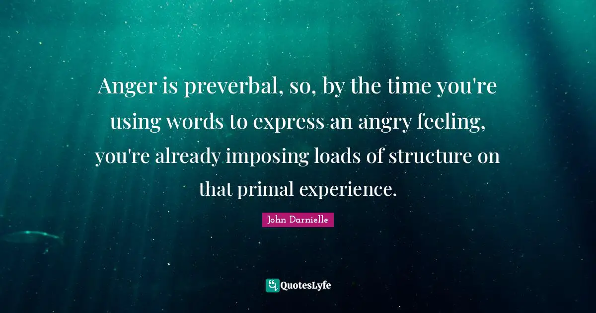 Anger is preverbal, so, by the time you're using words to express an angry feeling, you're already imposing loads of structure on that primal experience.