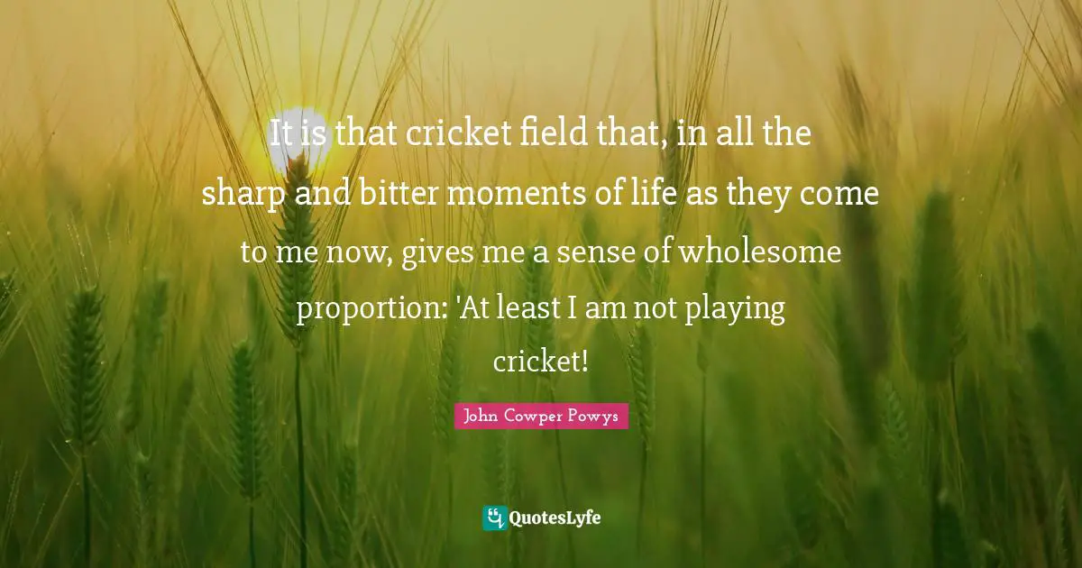 John Cowper Powys Quotes: "It is that cricket field that, in all the sharp and bitter moments of life as they come to me now, gives me a sense of wholesome proportion: 'At least I am not playing cricket!"