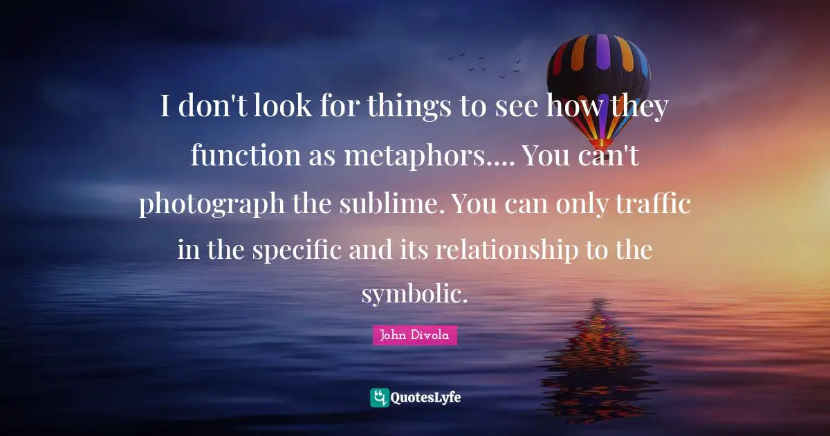 I don't look for things to see how they function as metaphors.... You can't photograph the sublime. You can only traffic in the specific and its relationship to the symbolic.