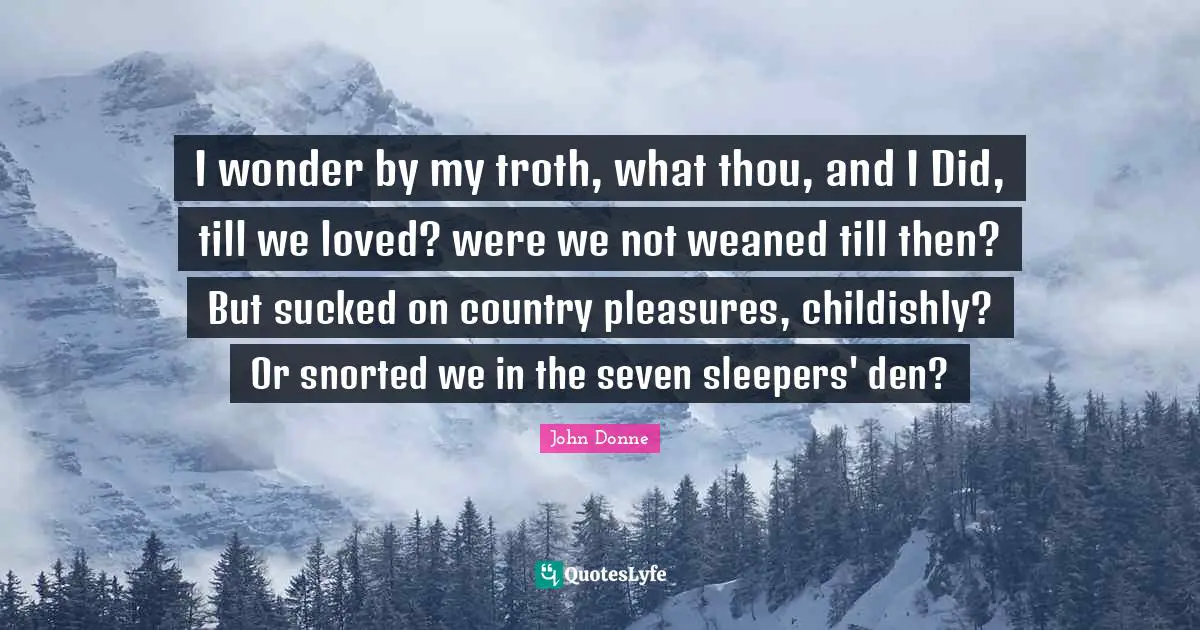 I wonder by my troth, what thou, and I Did, till we loved? were we not weaned till then? But sucked on country pleasures, childishly? Or snorted we in the seven sleepers' den?