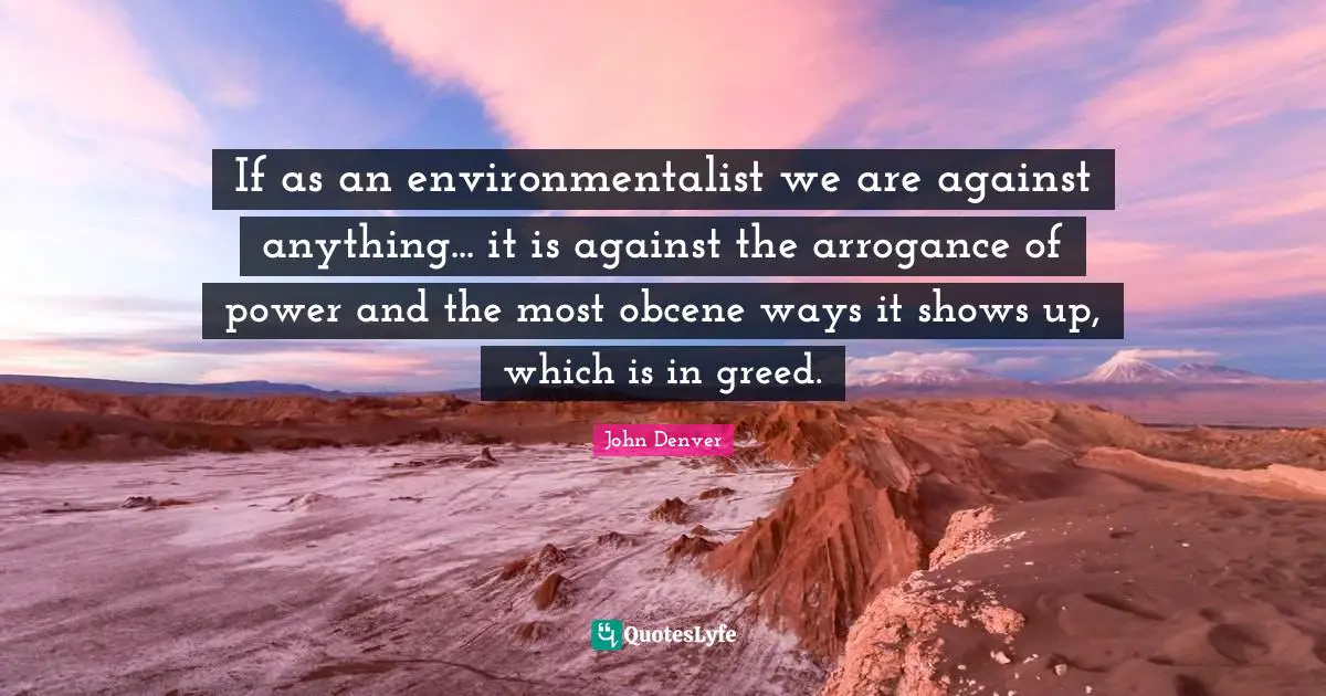 If as an environmentalist we are against anything... it is against the arrogance of power and the most obcene ways it shows up, which is in greed.