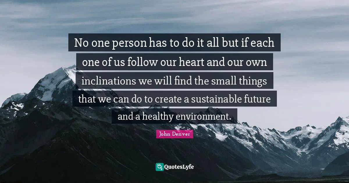 Small Things Quotes: "No one person has to do it all but if each one of us follow our heart and our own inclinations we will find the small things that we can do to create a sustainable future and a healthy environment."