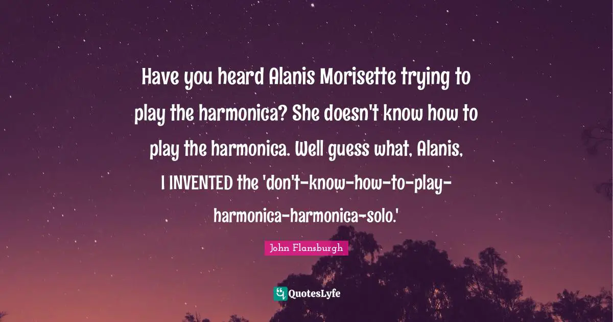 Have you heard Alanis Morisette trying to play the harmonica? She doesn't know how to play the harmonica. Well guess what, Alanis, I INVENTED the 'don't-know-how-to-play-harmonica-harmonica-solo.'