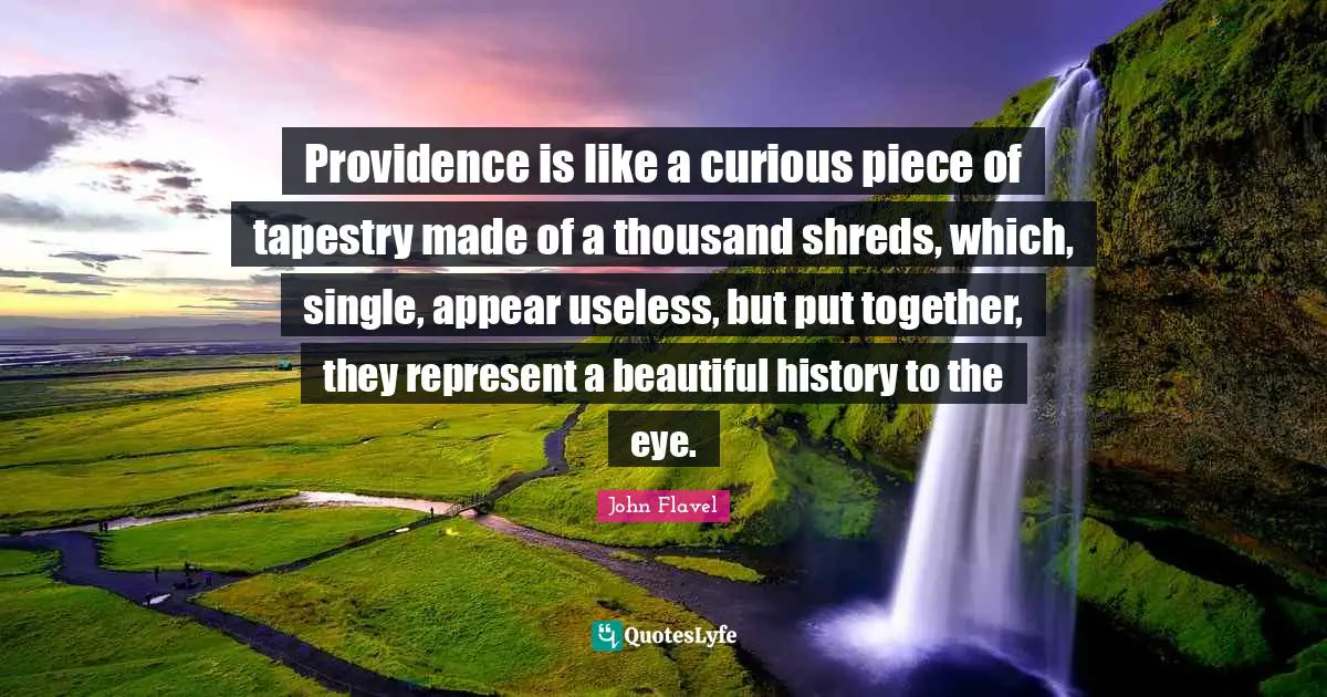John Flavel Quotes: "Providence is like a curious piece of tapestry made of a thousand shreds, which, single, appear useless, but put together, they represent a beautiful history to the eye."