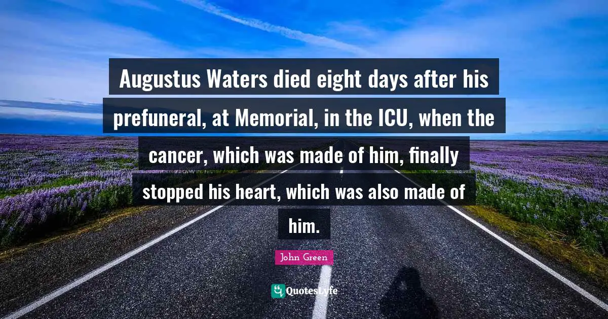 Augustus Waters died eight days after his prefuneral, at Memorial, in the ICU, when the cancer, which was made of him, finally stopped his heart, which was also made of him.