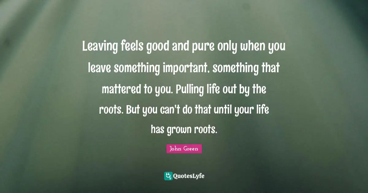 Leaving feels good and pure only when you leave something important, something that mattered to you. Pulling life out by the roots. But you can't do that until your life has grown roots.