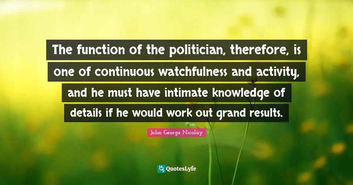 The function of the politician, therefore, is one of continuous watchfulness and activity, and he must have intimate knowledge of details if he would work out grand results.