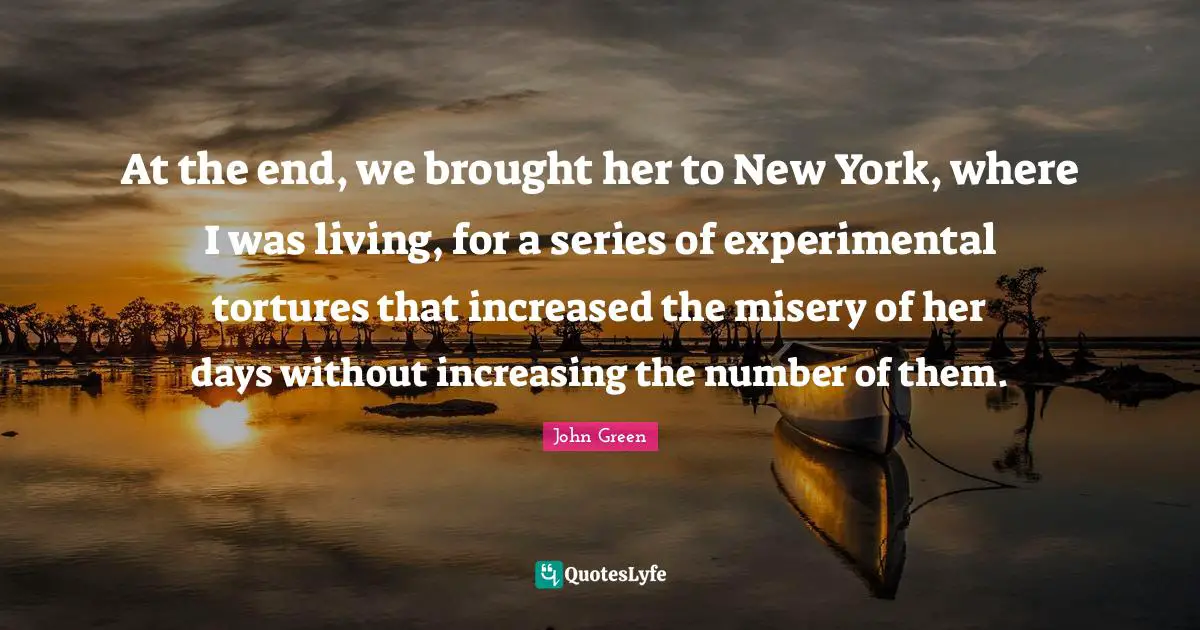 At the end, we brought her to New York, where I was living, for a series of experimental tortures that increased the misery of her days without increasing the number of them.
