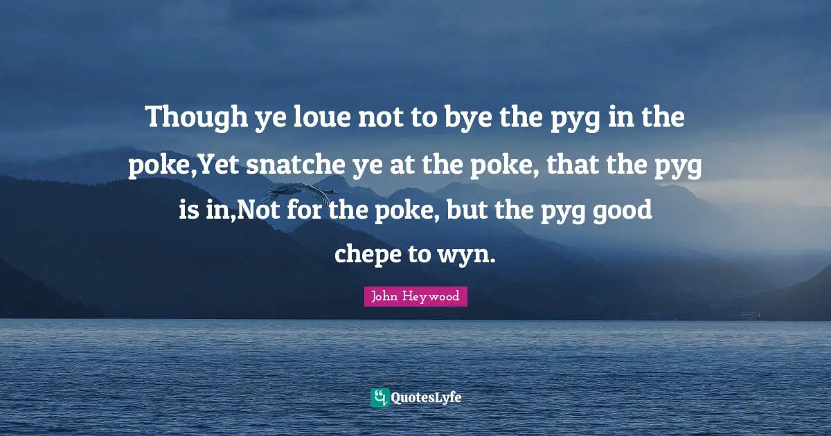 Though ye loue not to bye the pyg in the poke,Yet snatche ye at the poke, that the pyg is in,Not for the poke, but the pyg good chepe to wyn.