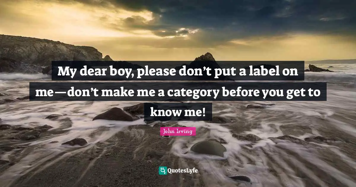 John Irving Quotes: "My dear boy, please don’t put a label on me—don’t make me a category before you get to know me!"