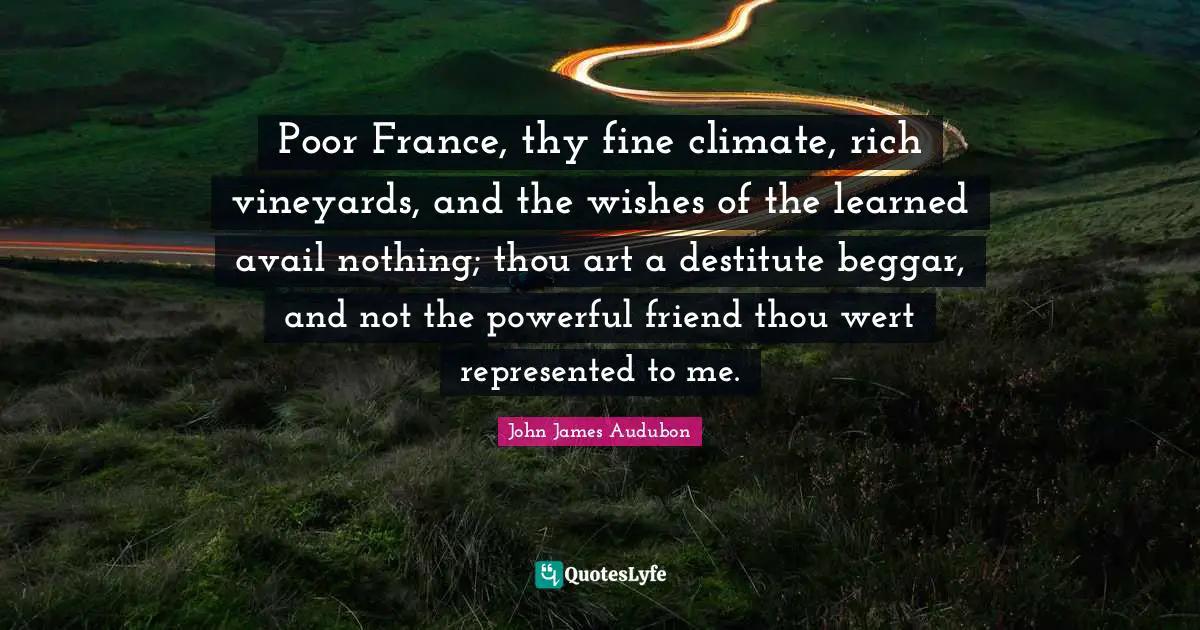 Poor France, thy fine climate, rich vineyards, and the wishes of the learned avail nothing; thou art a destitute beggar, and not the powerful friend thou wert represented to me.