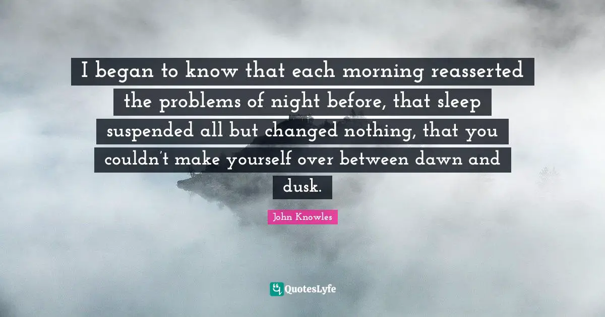 I began to know that each morning reasserted the problems of night before, that sleep suspended all but changed nothing, that you couldn’t make yourself over between dawn and dusk.