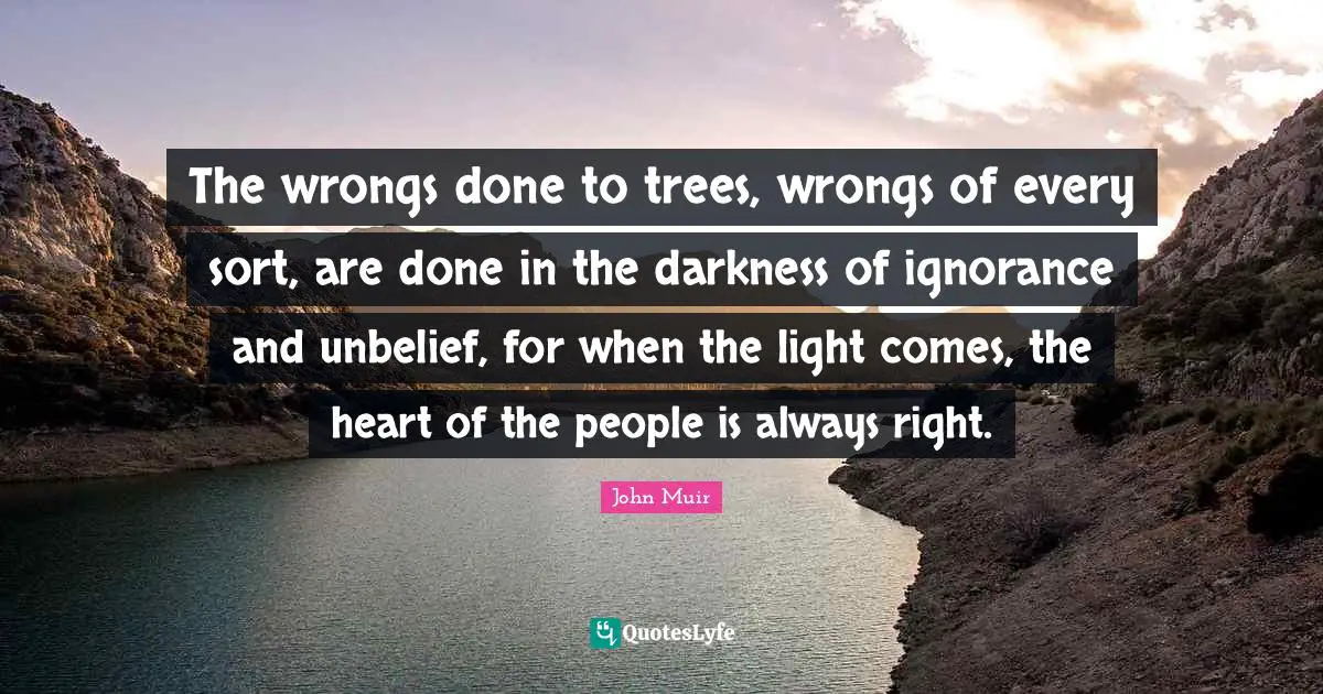 The wrongs done to trees, wrongs of every sort, are done in the darkness of ignorance and unbelief, for when the light comes, the heart of the people is always right.