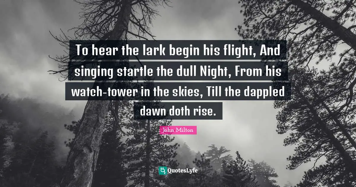 To hear the lark begin his flight, And singing startle the dull Night, From his watch-tower in the skies, Till the dappled dawn doth rise.
