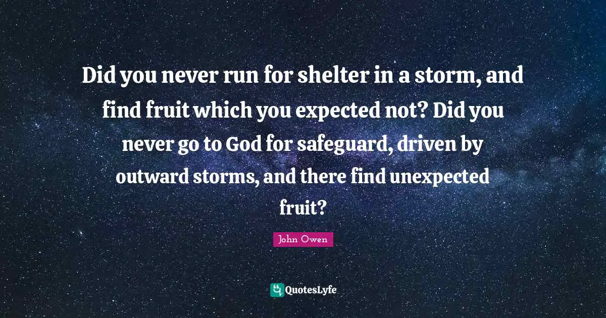 Did you never run for shelter in a storm, and find fruit which you expected not? Did you never go to God for safeguard, driven by outward storms, and there find unexpected fruit?