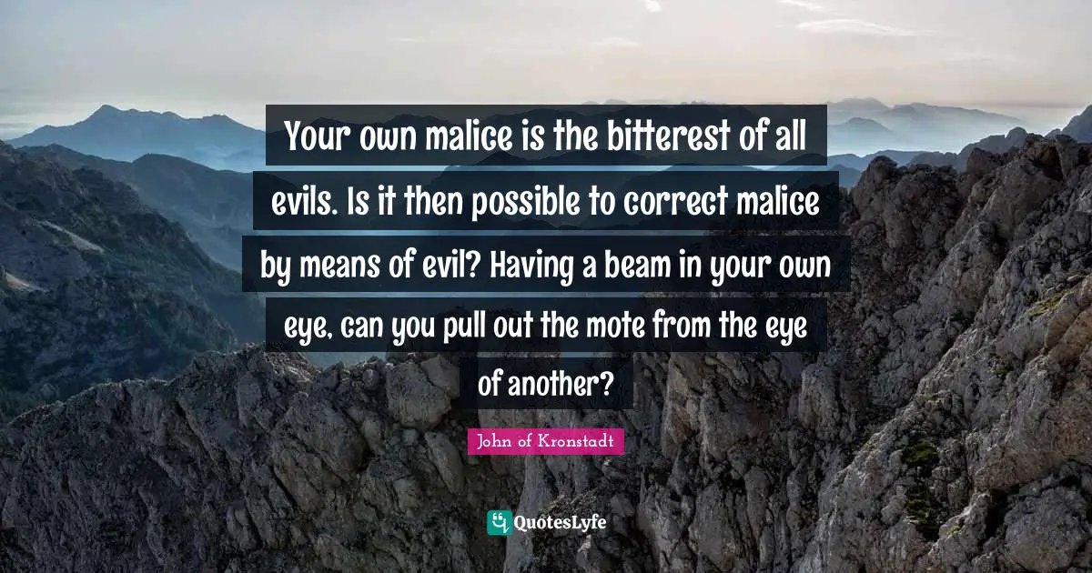Your own malice is the bitterest of all evils. Is it then possible to correct malice by means of evil? Having a beam in your own eye, can you pull out the mote from the eye of another?