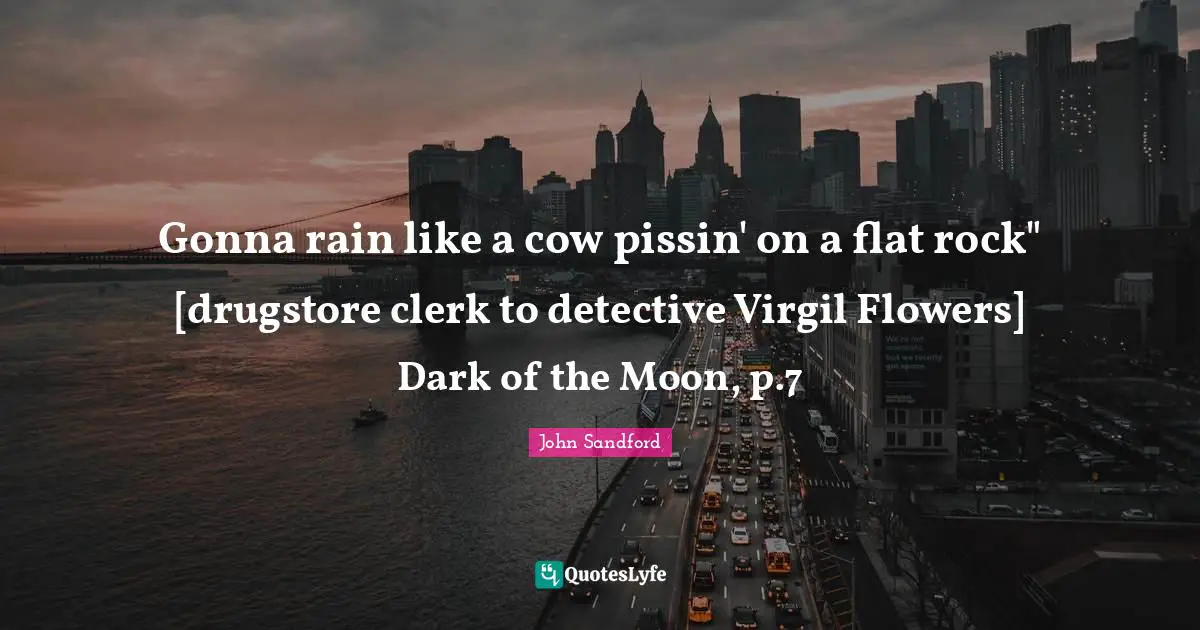 Gonna rain like a cow pissin' on a flat rock" [drugstore clerk to detective Virgil Flowers] Dark of the Moon, p.7