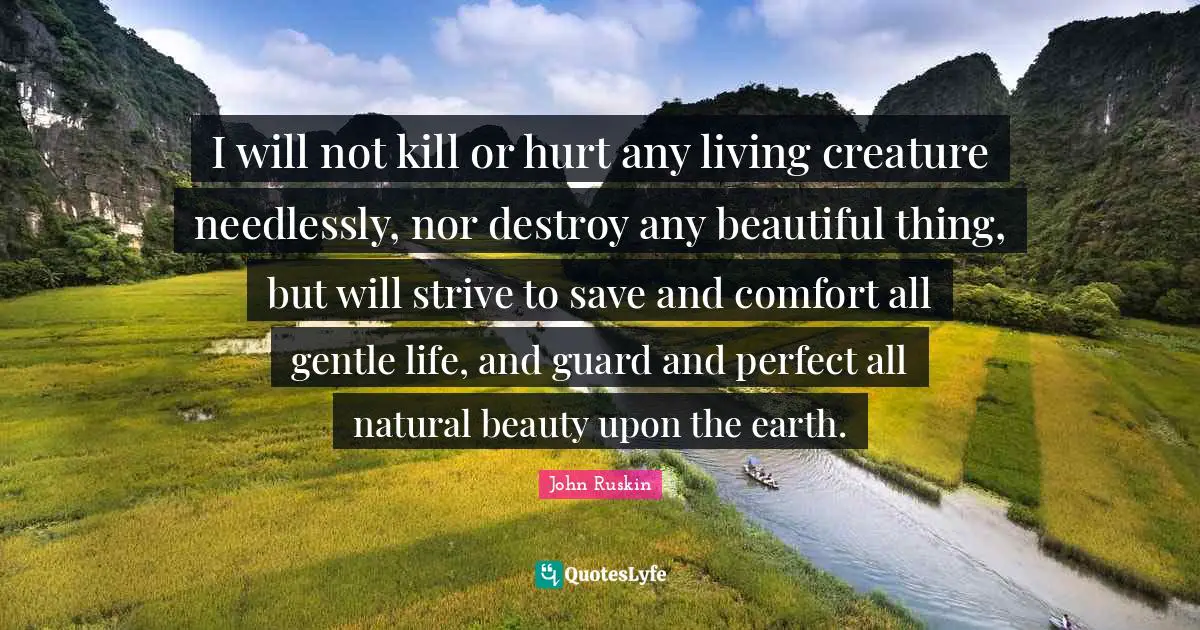 I will not kill or hurt any living creature needlessly, nor destroy any beautiful thing, but will strive to save and comfort all gentle life, and guard and perfect all natural beauty upon the earth.