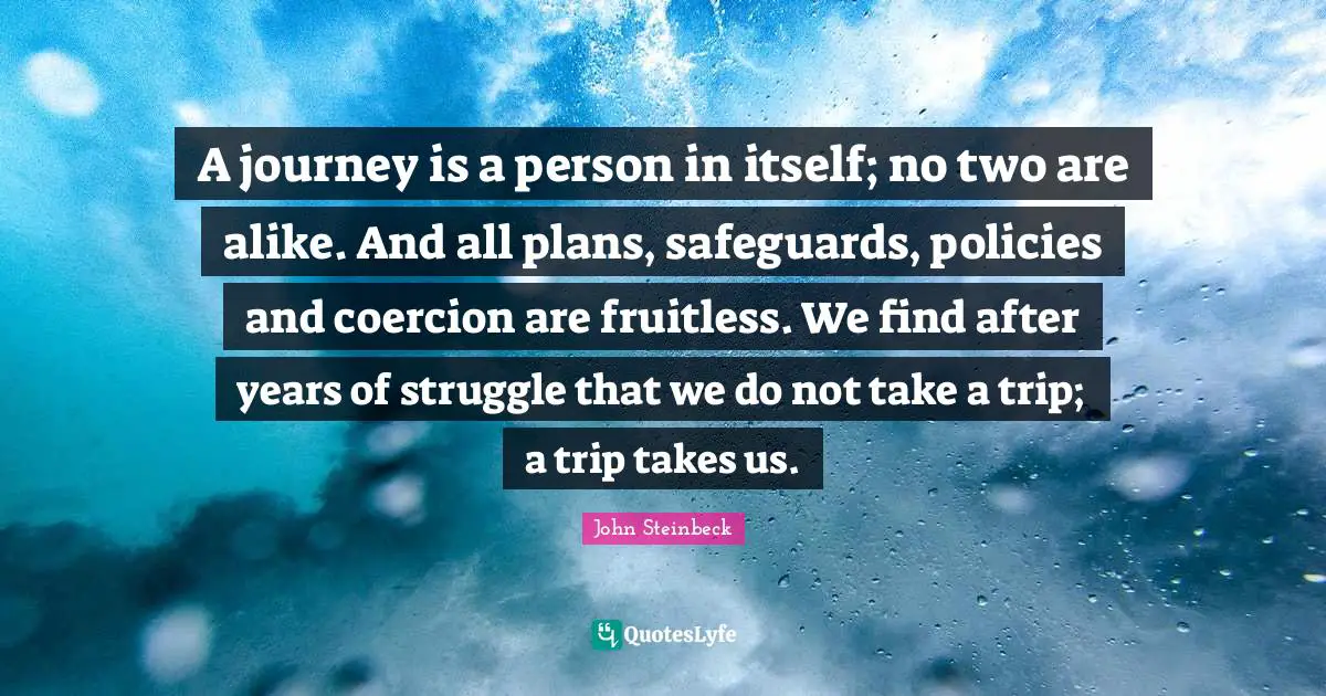 A journey is a person in itself; no two are alike. And all plans, safeguards, policies and coercion are fruitless. We find after years of struggle that we do not take a trip; a trip takes us.