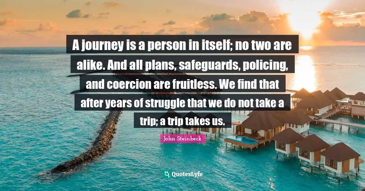 A journey is a person in itself; no two are alike. And all plans, safeguards, policing, and coercion are fruitless. We find that after years of struggle that we do not take a trip; a trip takes us.