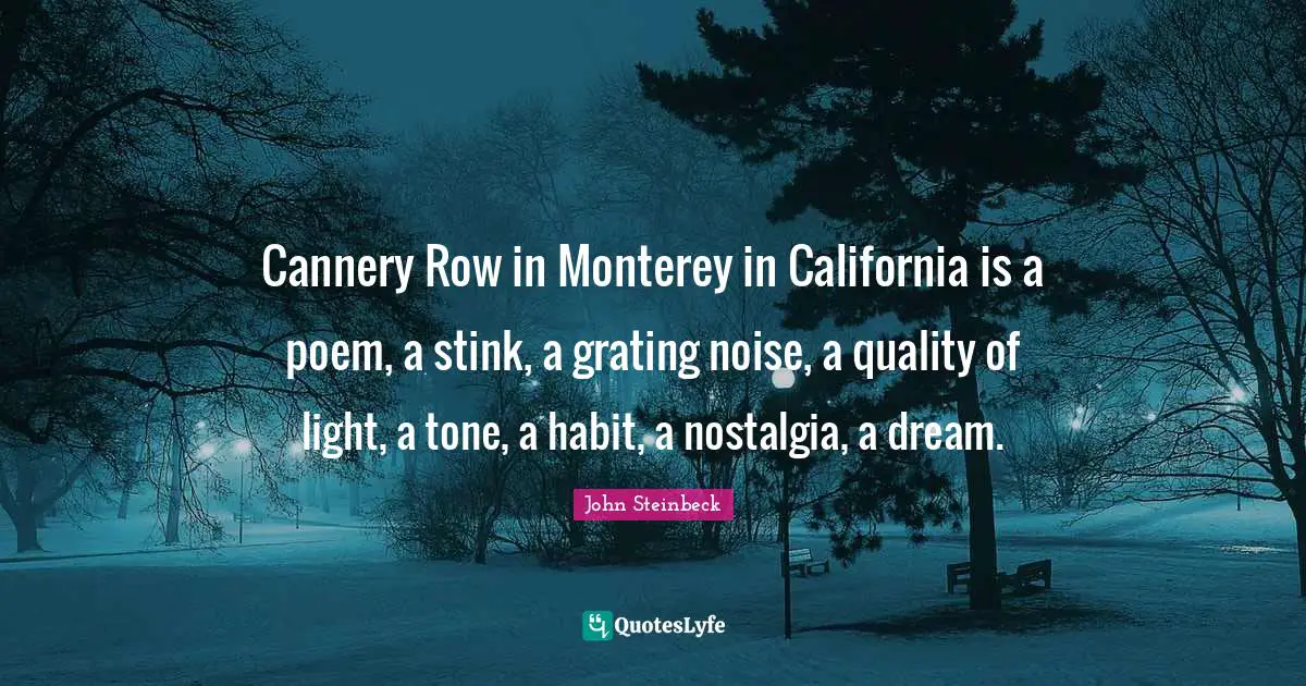 Cannery Row in Monterey in California is a poem, a stink, a grating noise, a quality of light, a tone, a habit, a nostalgia, a dream.