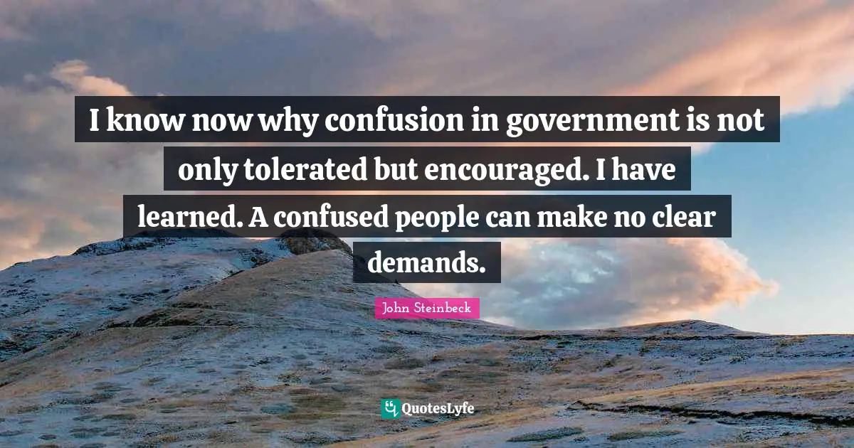 I know now why confusion in government is not only tolerated but encouraged. I have learned. A confused people can make no clear demands.