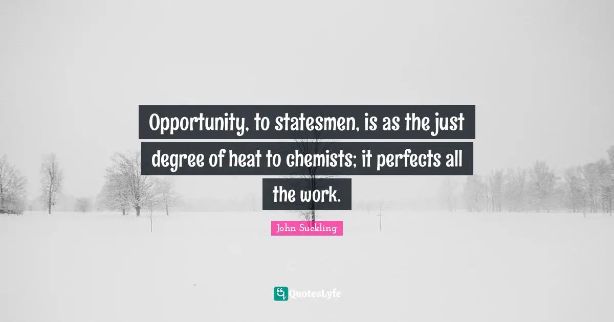 John Suckling Quotes: "Opportunity, to statesmen, is as the just degree of heat to chemists; it perfects all the work."
