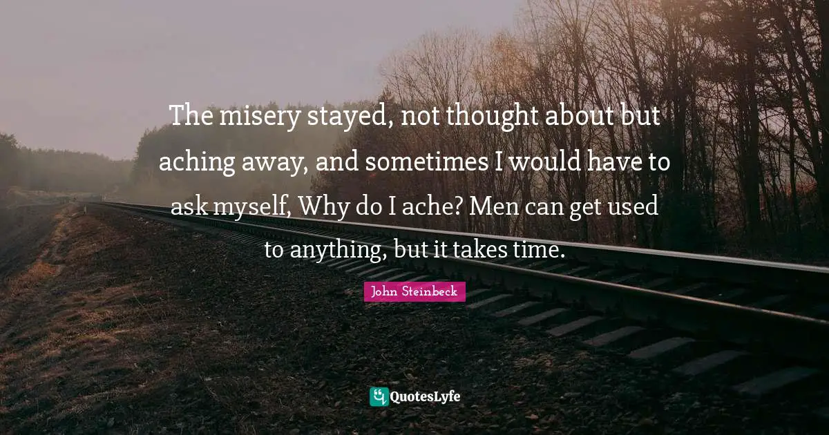 The misery stayed, not thought about but aching away, and sometimes I would have to ask myself, Why do I ache? Men can get used to anything, but it takes time.