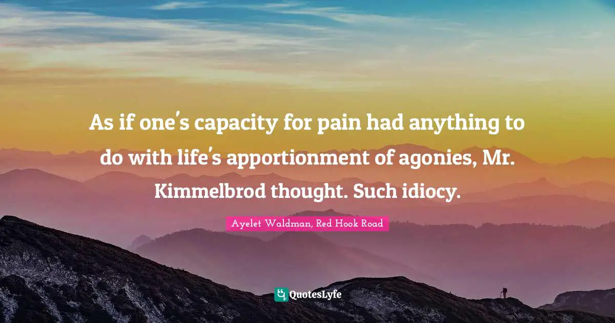 As if one's capacity for pain had anything to do with life's apportionment of agonies, Mr. Kimmelbrod thought. Such idiocy.