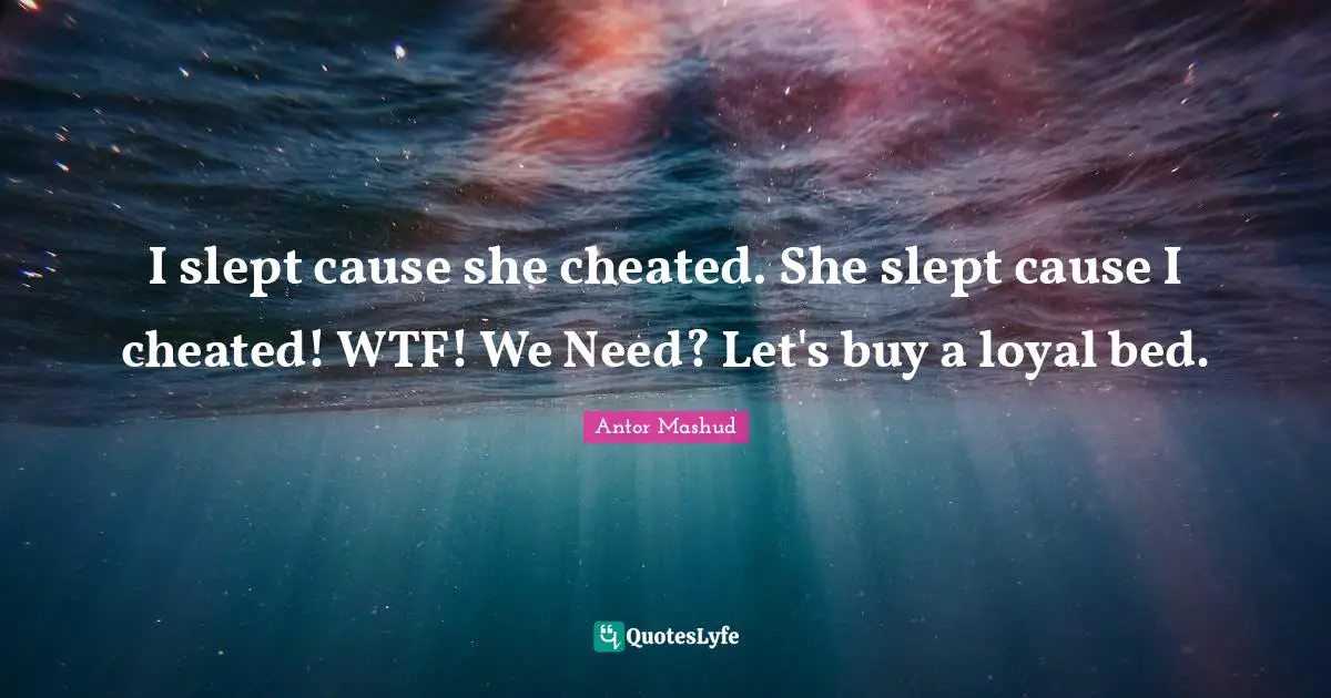 I slept cause she cheated. She slept cause I cheated! WTF! We Need? Let's buy a loyal bed.