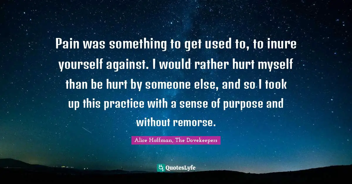 Pain was something to get used to, to inure yourself against. I would rather hurt myself than be hurt by someone else, and so I took up this practice with a sense of purpose and without remorse.