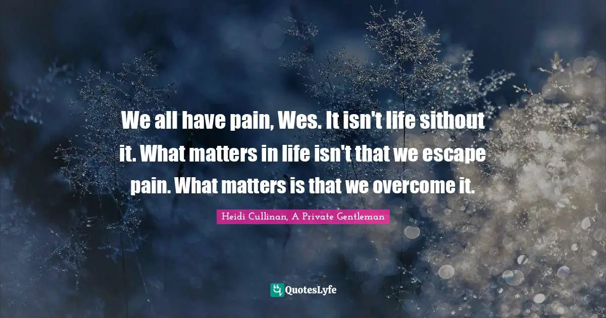 We all have pain, Wes. It isn't life sithout it. What matters in life isn't that we escape pain. What matters is that we overcome it.