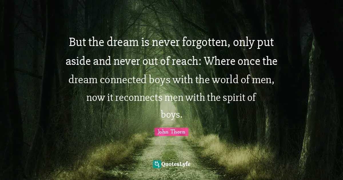 But the dream is never forgotten, only put aside and never out of reach: Where once the dream connected boys with the world of men, now it reconnects men with the spirit of boys.