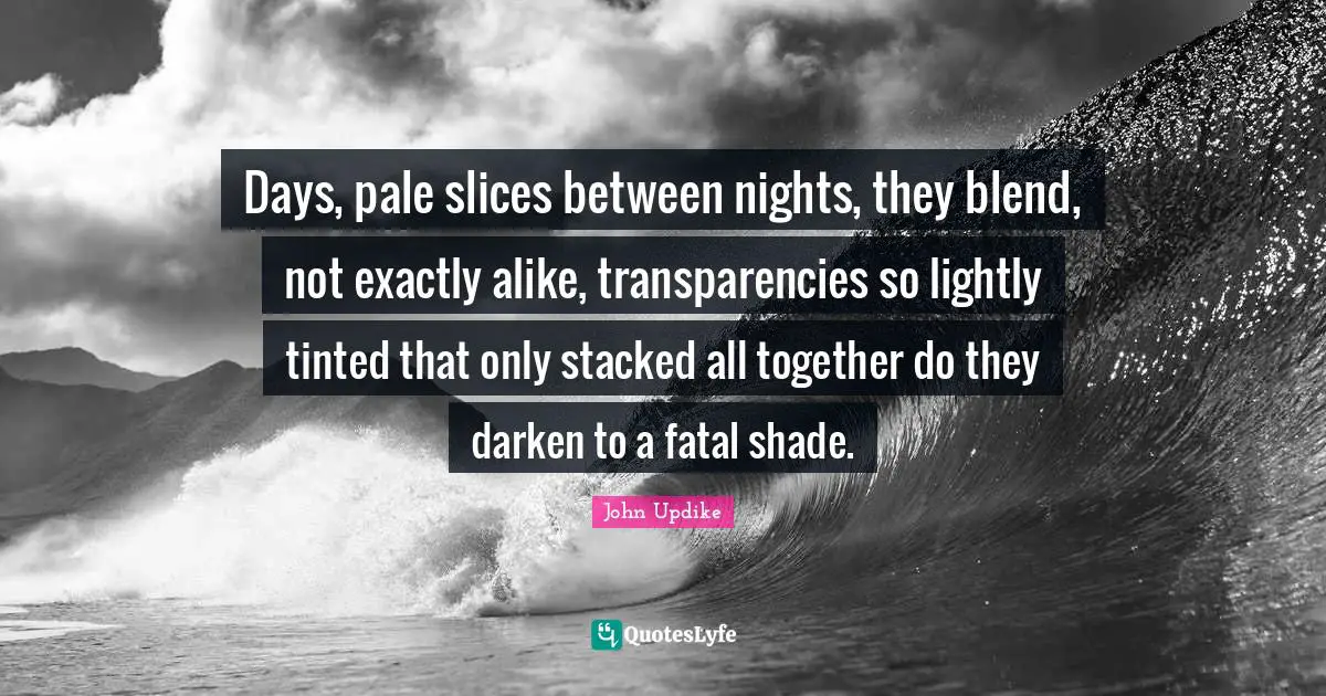 Days, pale slices between nights, they blend, not exactly alike, transparencies so lightly tinted that only stacked all together do they darken to a fatal shade.