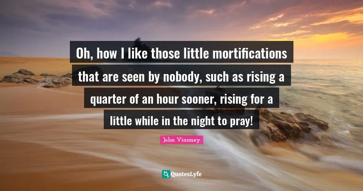 John Vianney Quotes: "Oh, how I like those little mortifications that are seen by nobody, such as rising a quarter of an hour sooner, rising for a little while in the night to pray!"