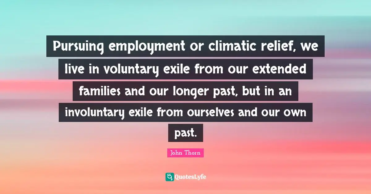 Pursuing employment or climatic relief, we live in voluntary exile from our extended families and our longer past, but in an involuntary exile from ourselves and our own past.
